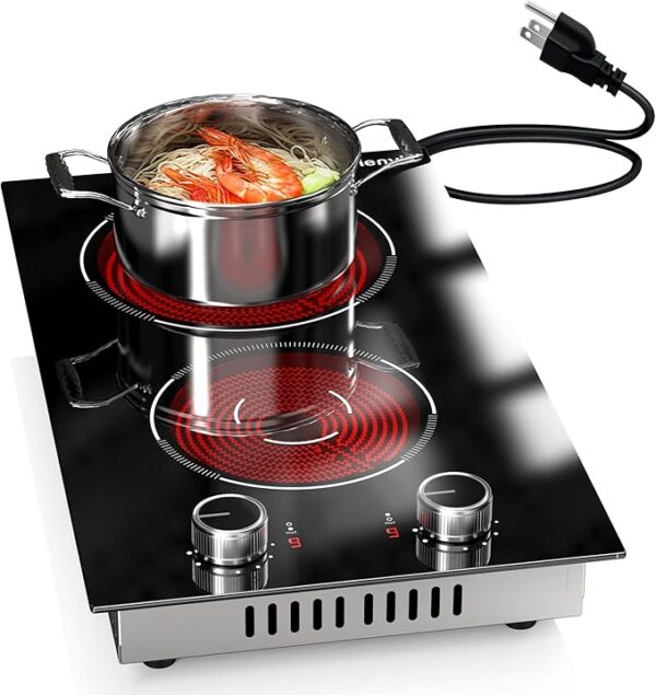 12 Inch Electric Cooktop 2 Burners, Knob Control, Plug in Electric